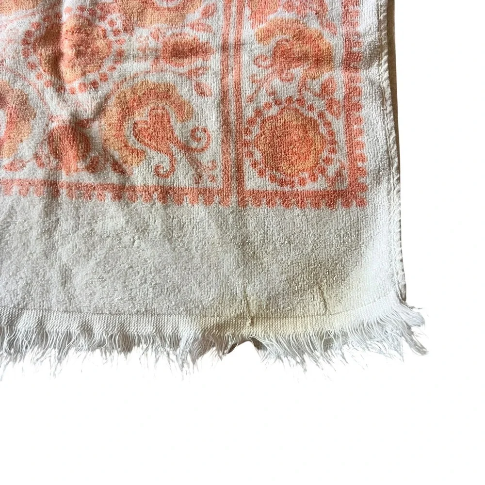 Vintage Royal Terry of California 1960s Hand Towel Orange Paisley Floral Fringe